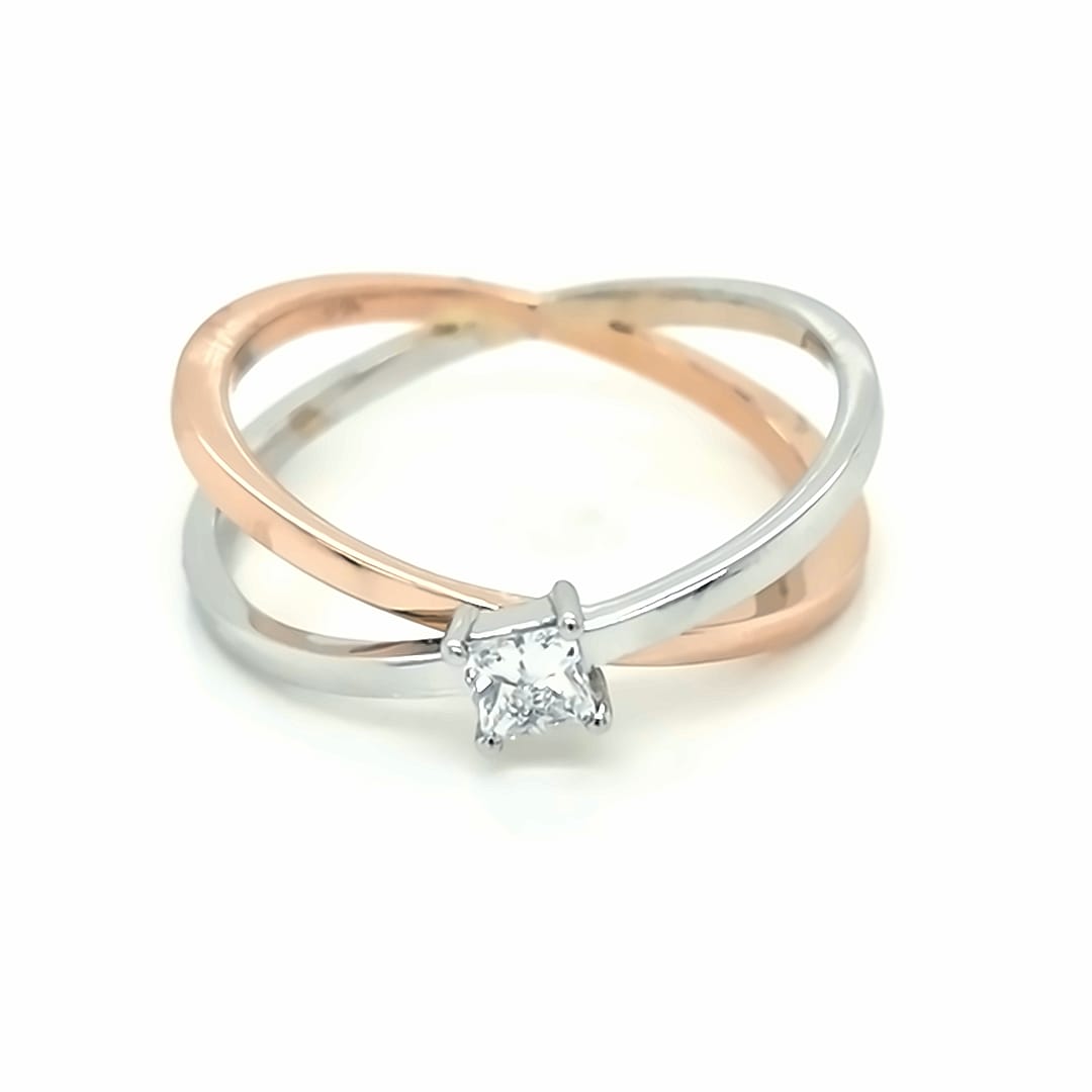 Princess Cut Diamond, Criss-Cross, Cross Over Ring In 18k White And Rose Gold.