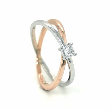 Princess Cut Diamond, Criss-Cross, Cross Over Ring In 18k White And Rose Gold.