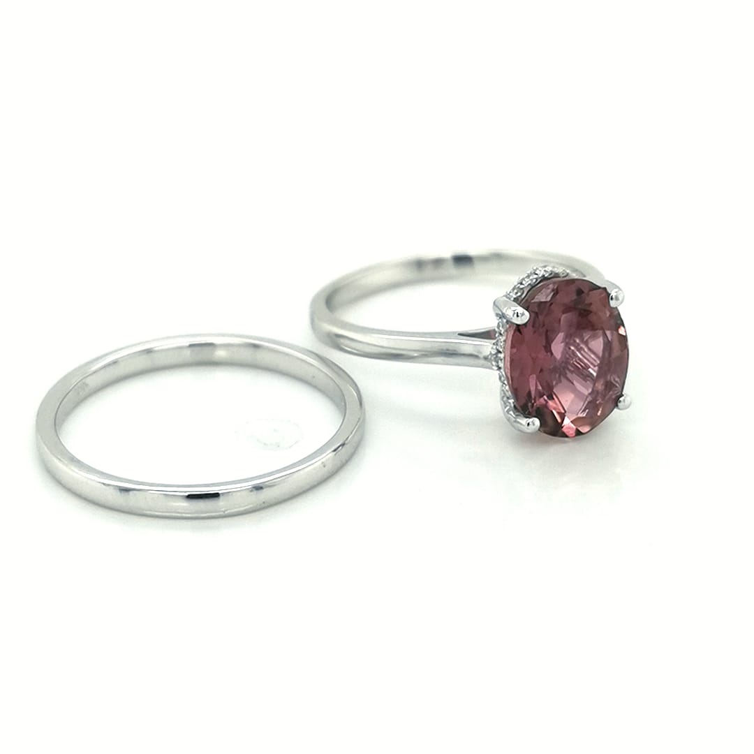 Pink Tourmaline And Diamond Bridal Set, Engagement Ring And Wedding Band In 18k White Gold.