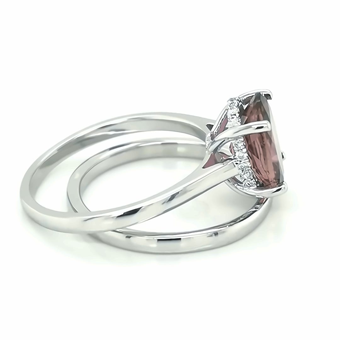 Pink Tourmaline And Diamond Bridal Set, Engagement Ring And Wedding Band In 18k White Gold.