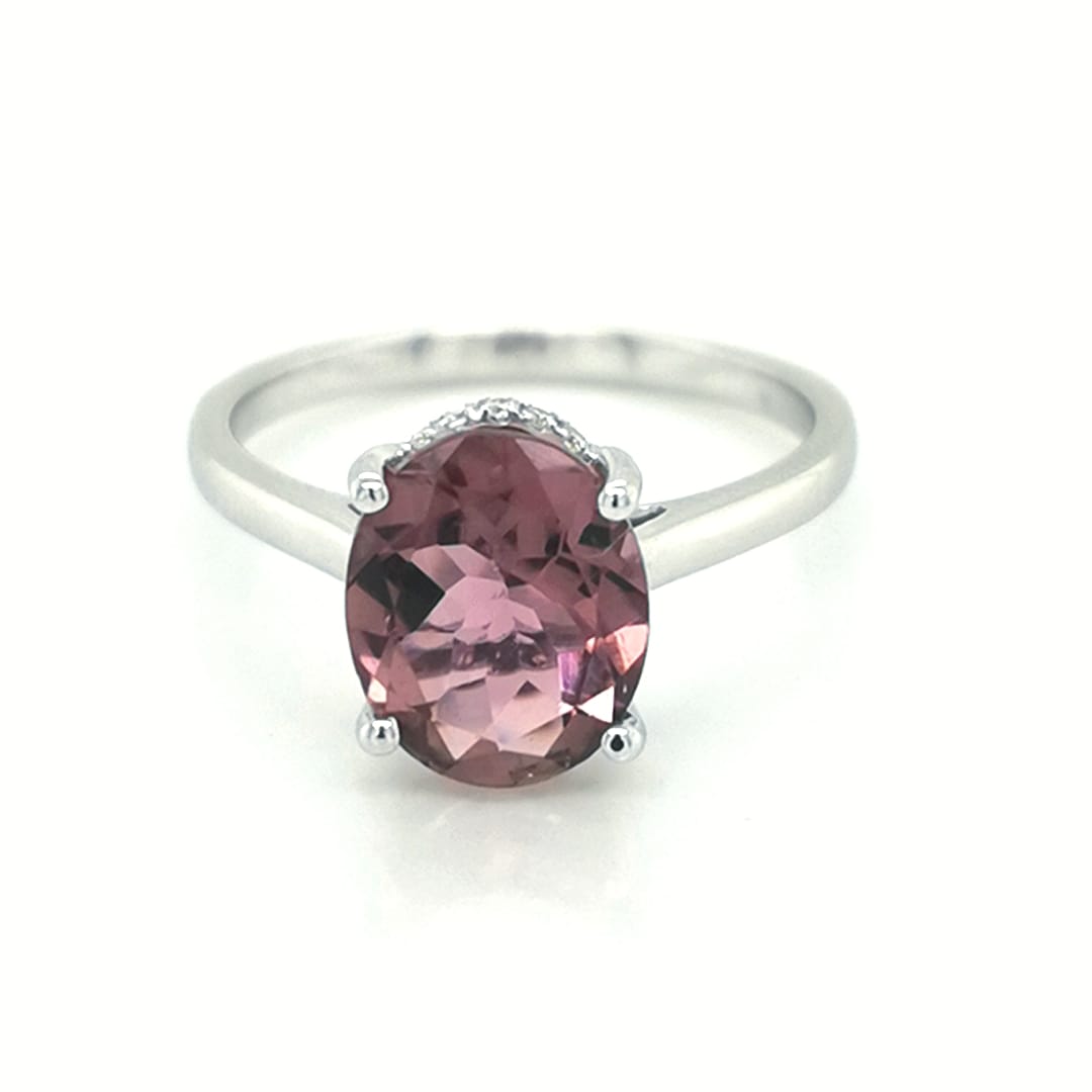 Pink Tourmaline And Diamond Bridal Set, Engagement Ring And Wedding Band In 18k White Gold.