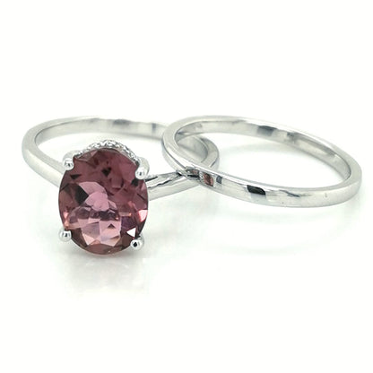 Pink Tourmaline And Diamond Bridal Set, Engagement Ring And Wedding Band In 18k White Gold.