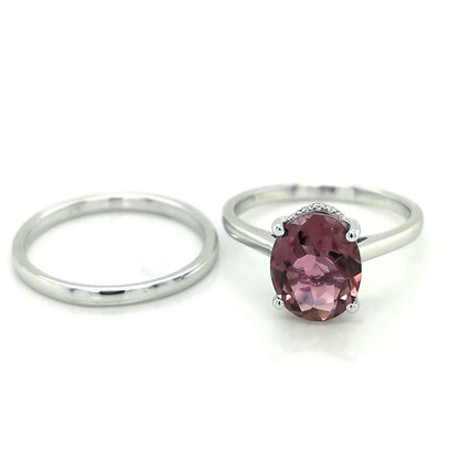 Pink Tourmaline And Diamond Bridal Set, Engagement Ring And Wedding Band In 18k White Gold.