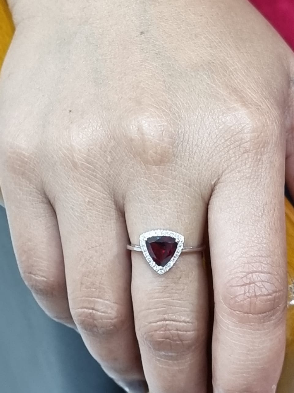 Triangle Shape Garnet Ring Crafted In 18K White Gold