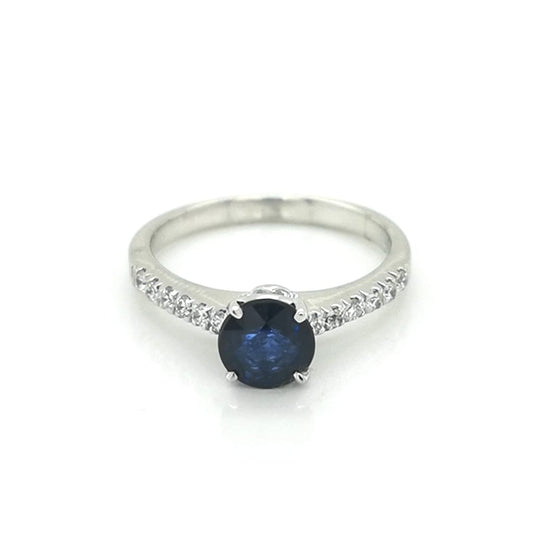 Round Blue Sapphire And Diamond Ring Crafted In 18K White Gold