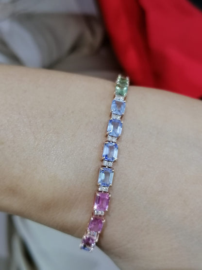 Multi Colour Sapphires And Diamond Tennis Bracelet In 18k Rose Gold.