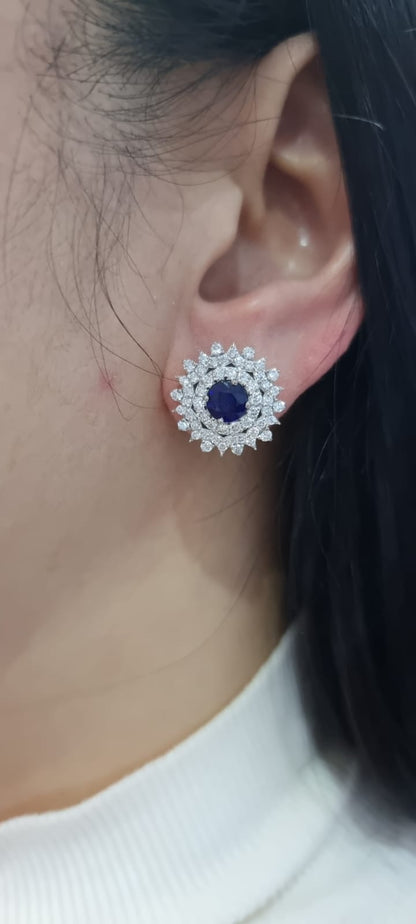 Blue Sapphire And Diamond Cocktail Stud Earrings In 18k White Gold.