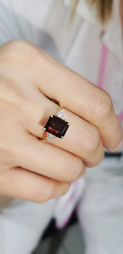 Emerald Cut Garnet Diamond Ring Crafted In 18K Yellow Gold