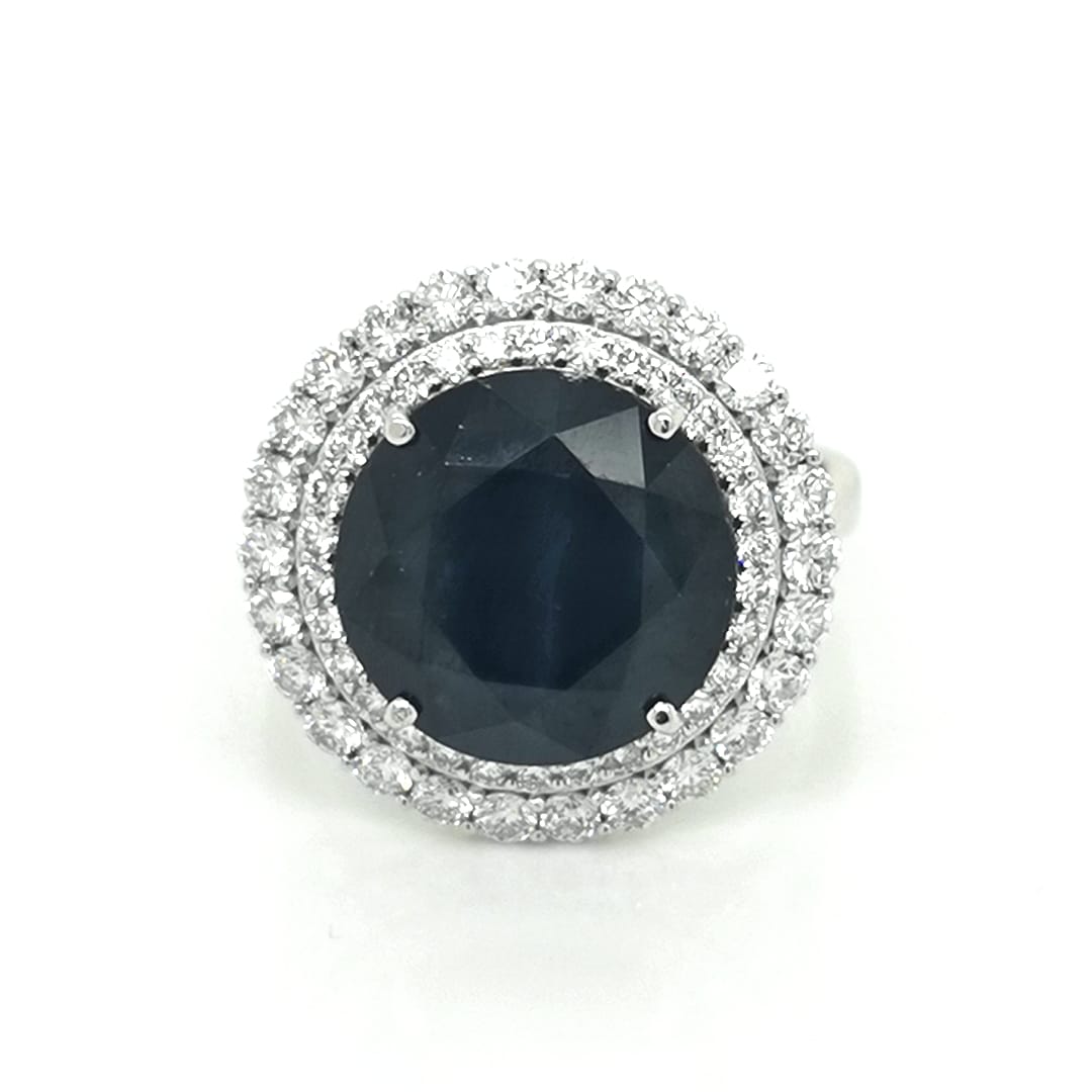Blue Sapphire And Diamond Ring In 18k White Gold.