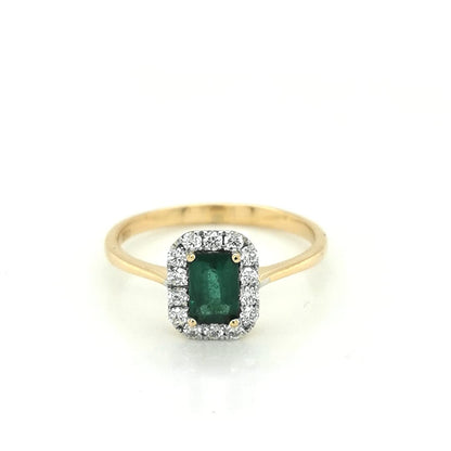 Halo Emerald And Diamond Ring Crafted In 18K Yellow Gold