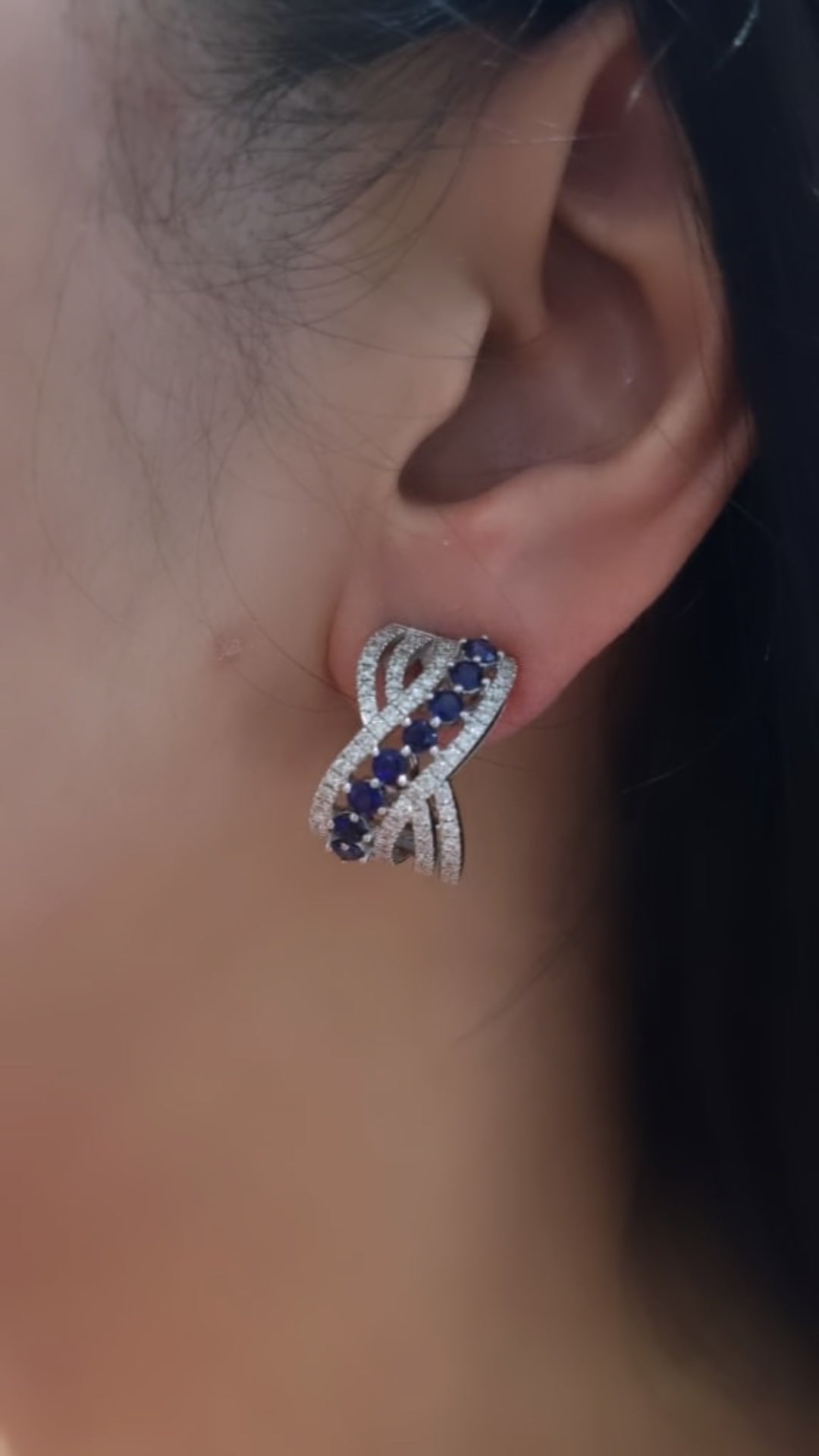 Blue Sapphire And Diamond Huggie Hoop Earrings In 18k White Gold.