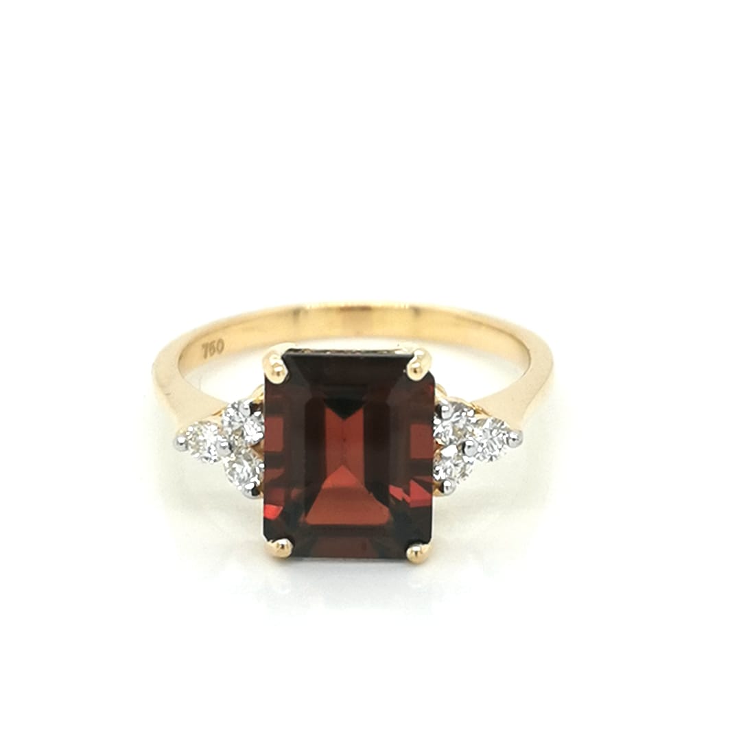 Emerald Cut Garnet Diamond Ring Crafted In 18K Yellow Gold