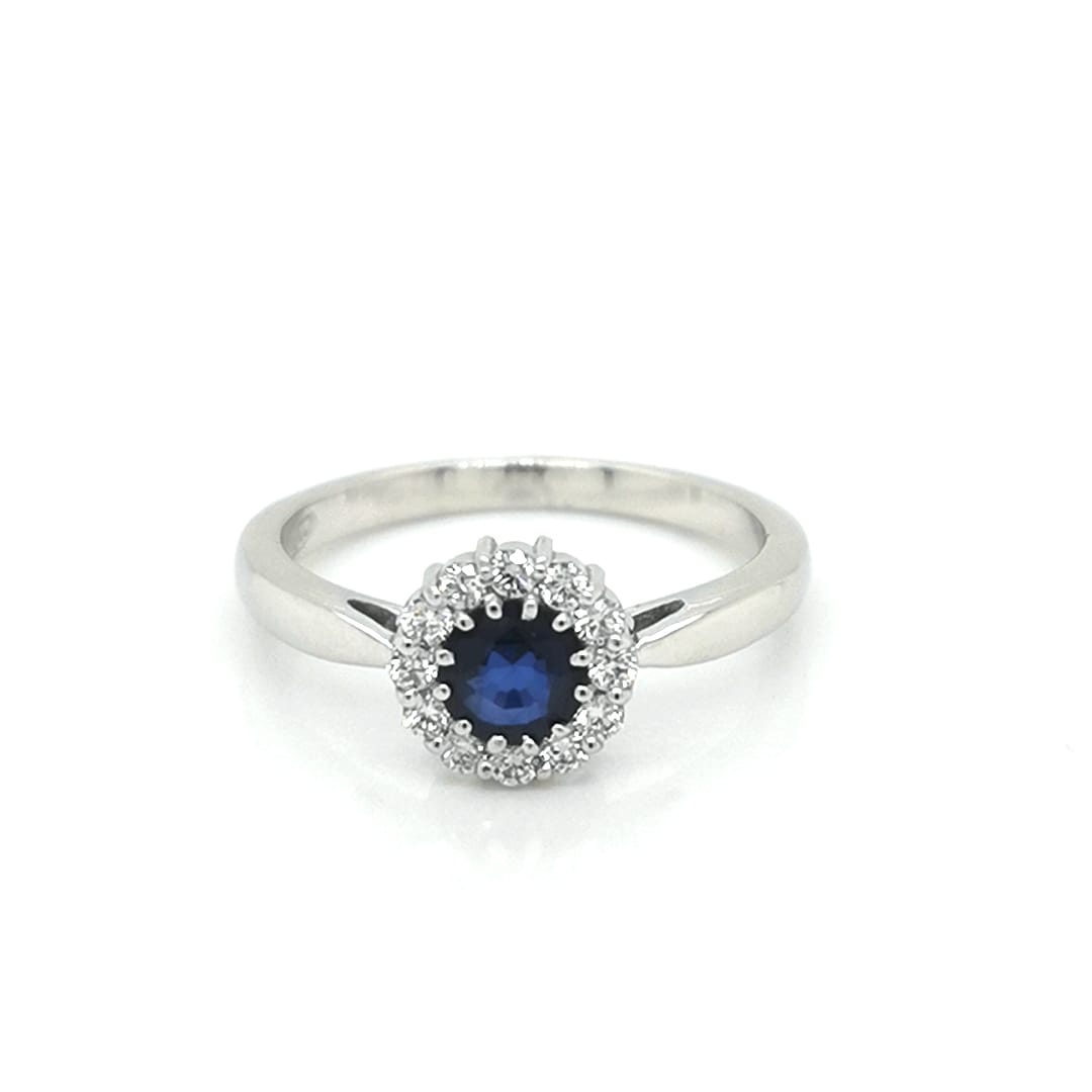 Blue Sapphire Halo Diamond Ring Crafted In 18K White Gold