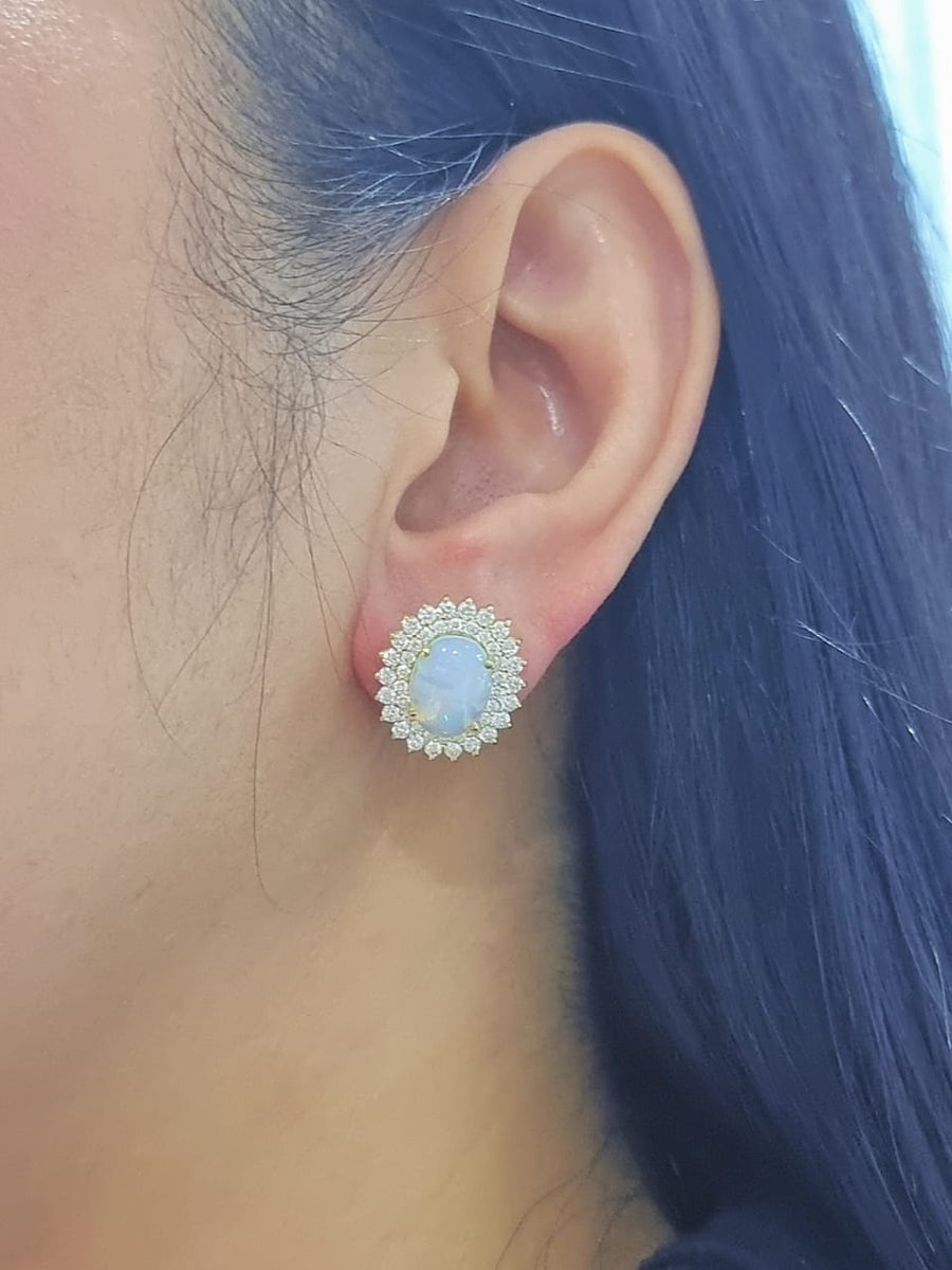 Double Diamond Halo And Opal Earrings In 18k Yellow Gold.