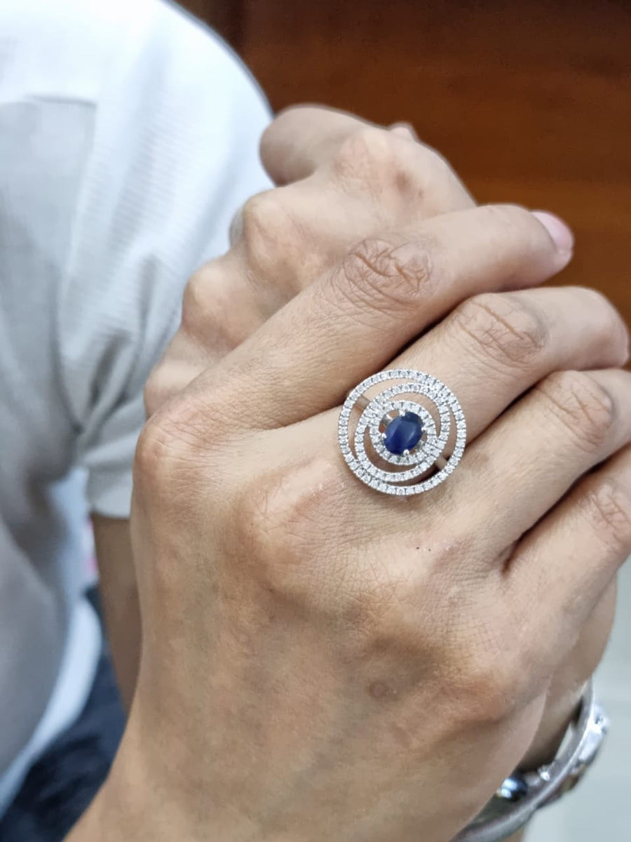 Blue Sapphire And Diamond Ring Crafted In 18K White Gold