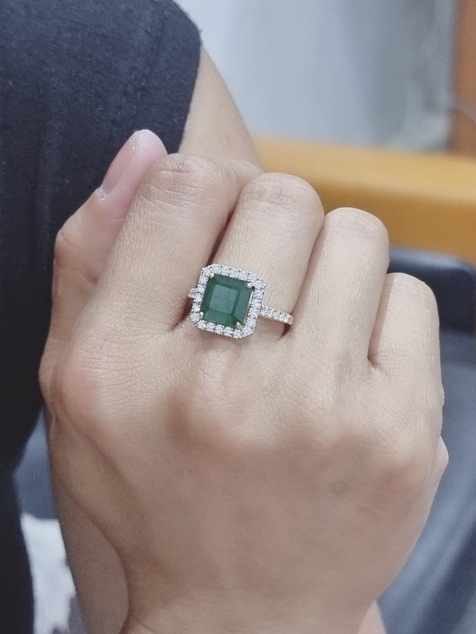 Halo Emerald And Diamond Ring In 18k Yellow Gold