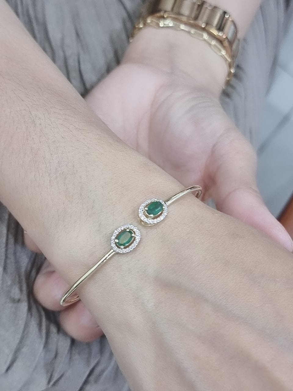 Open Cuff Emerald And Diamond Bangle In 18k Yellow Gold