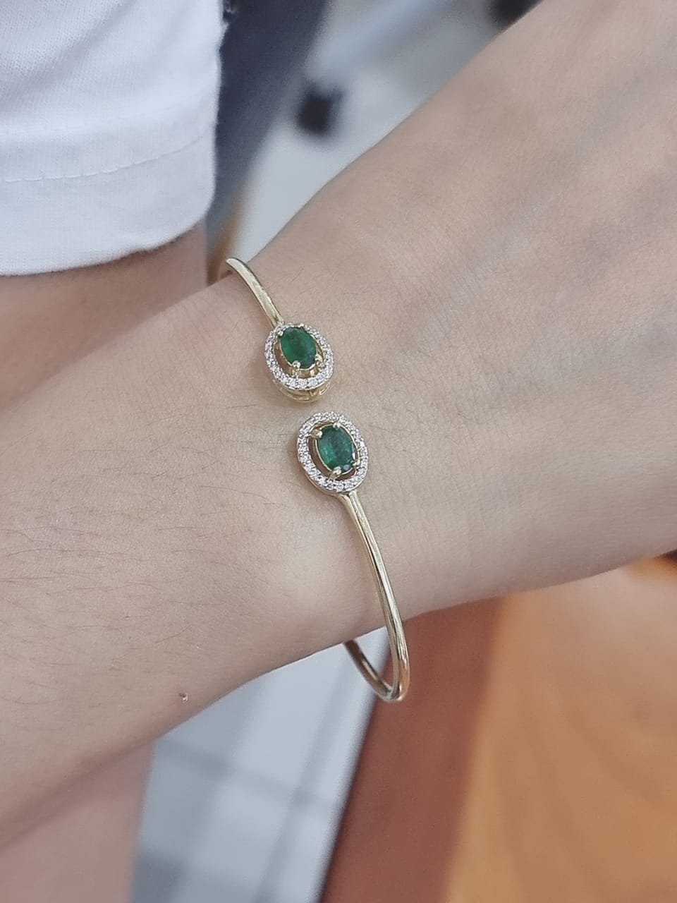 Open Cuff Emerald And Diamond Bangle In 18k Yellow Gold