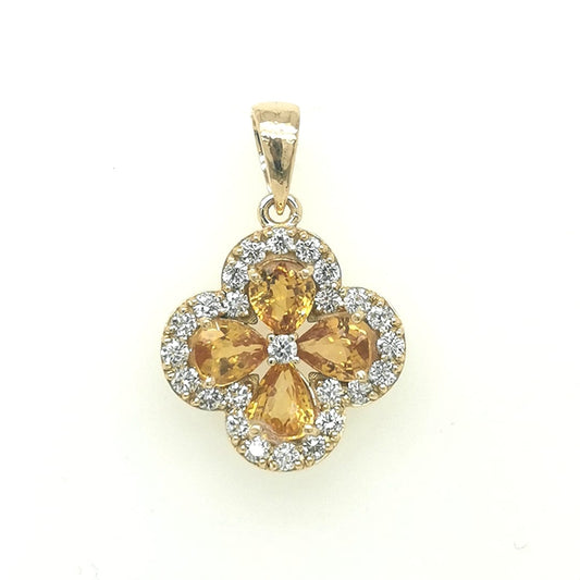 Flower Design Yellow Sapphire And Diamond Pendant In 18k Yellow Gold.