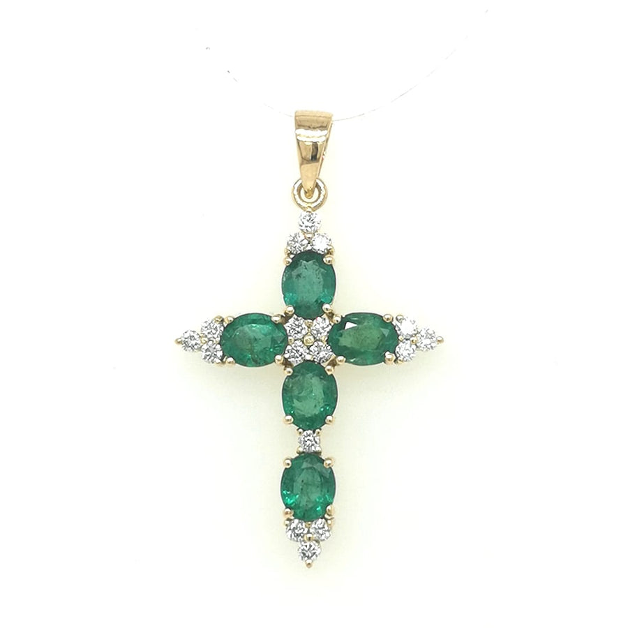 Emerald And Diamond Cross Pendant In 18k Yellow Gold.