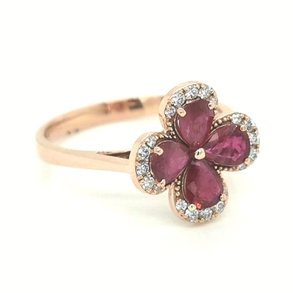 Flower Design Ruby And Diamond Ring In 18k Rose Gold.