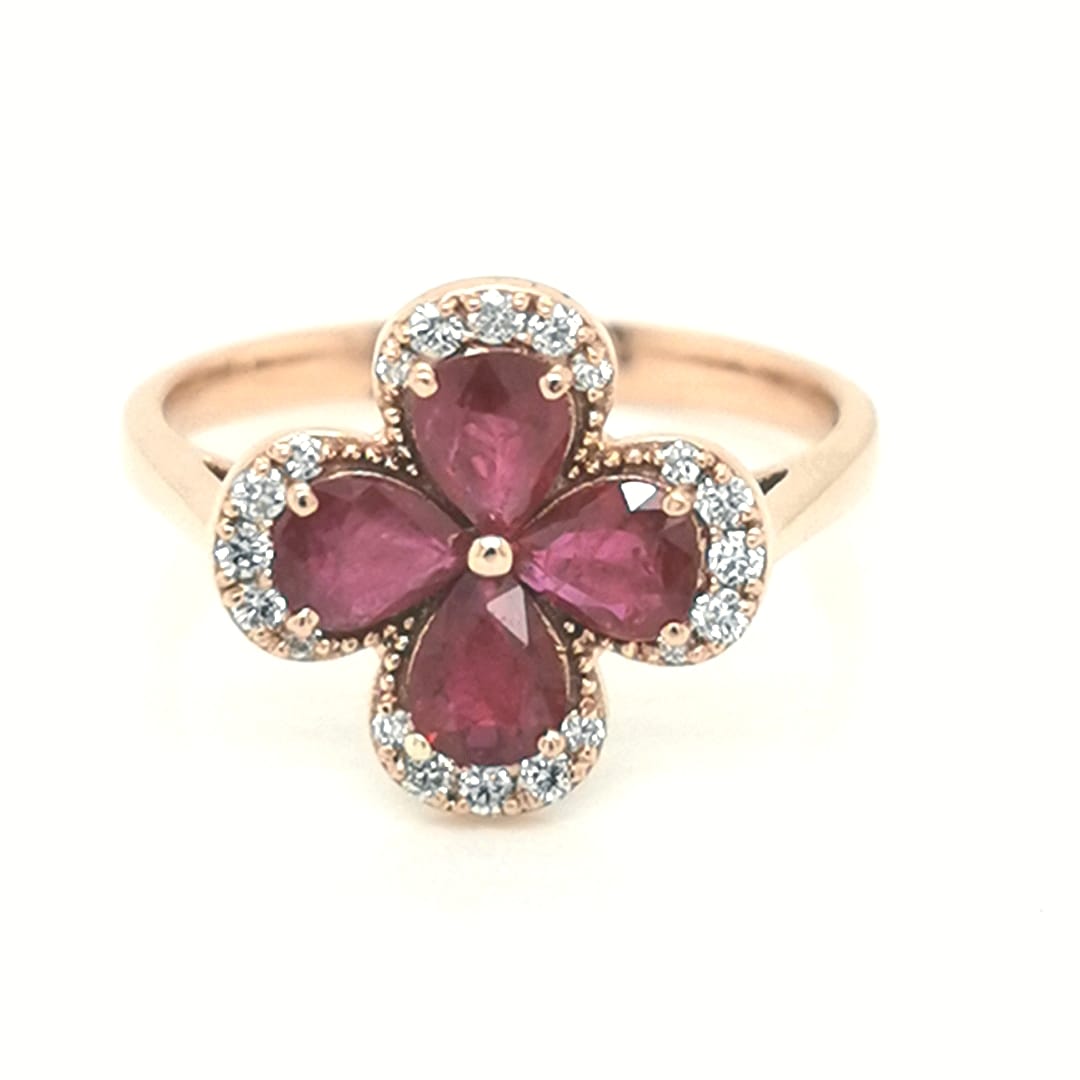 Flower Design Ruby And Diamond Ring In 18k Rose Gold.