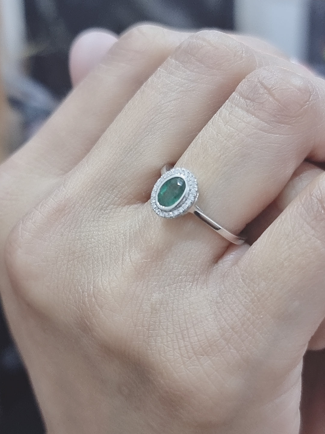 Halo Emerald And Diamond Ring In 18k White Gold