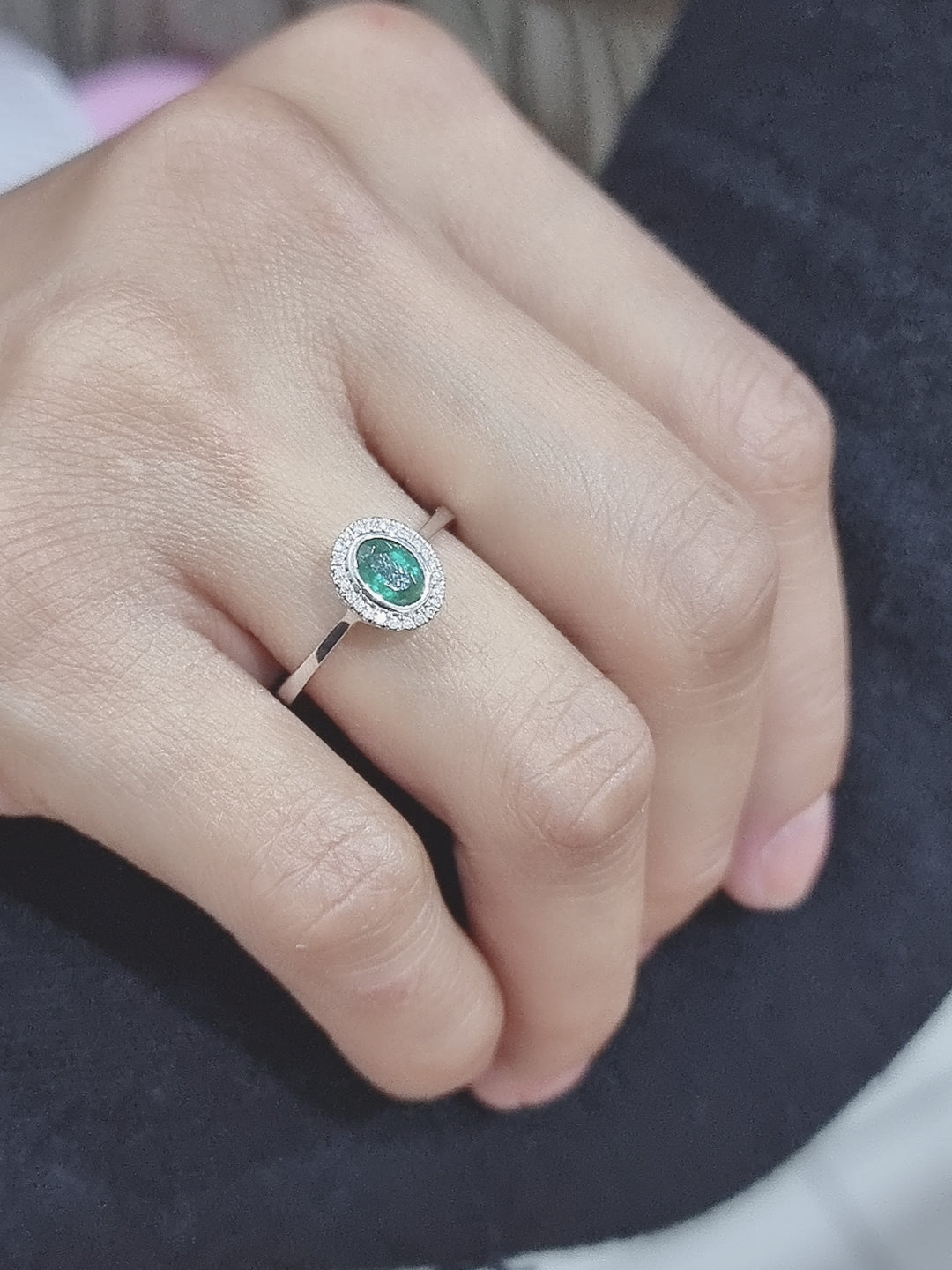 Halo Emerald And Diamond Ring In 18k White Gold