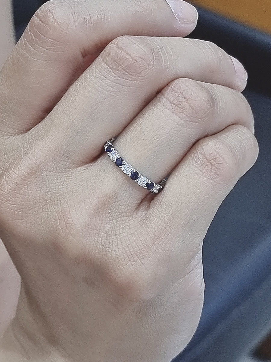 Blue Sapphire And Diamond Band In 18k White Gold