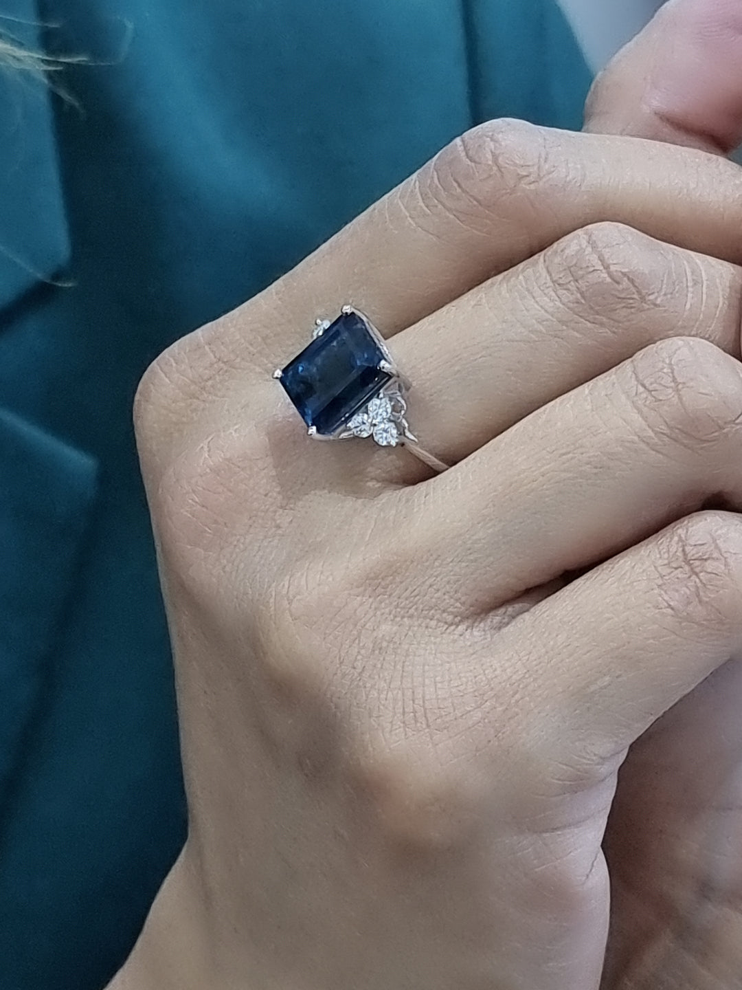 London Blue Topaz And Diamond Ring In 18k White Gold.