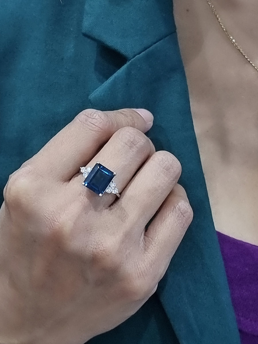 London Blue Topaz And Diamond Ring In 18k White Gold.