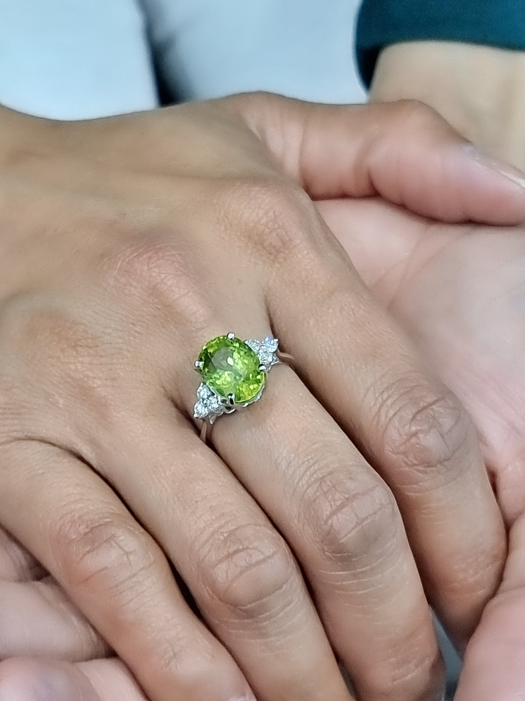 Peridot And Diamond Ring In 18k White Gold.