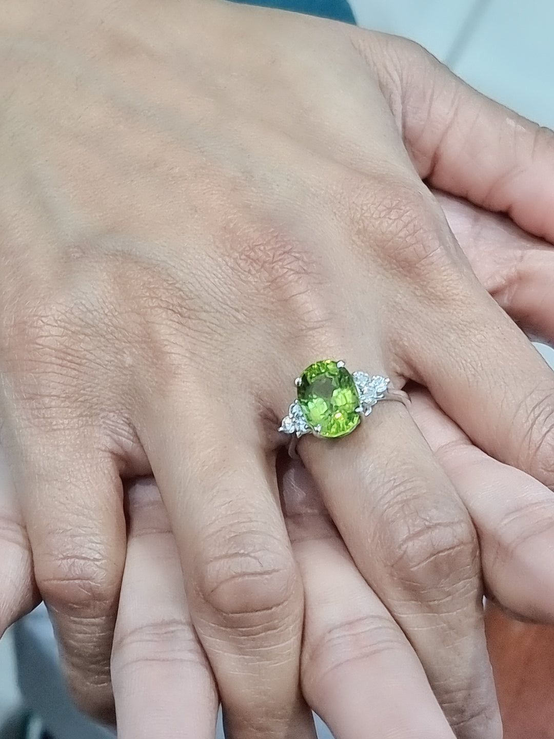 Peridot And Diamond Ring In 18k White Gold.