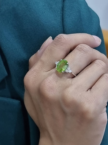 Peridot And Diamond Ring In 18k White Gold.