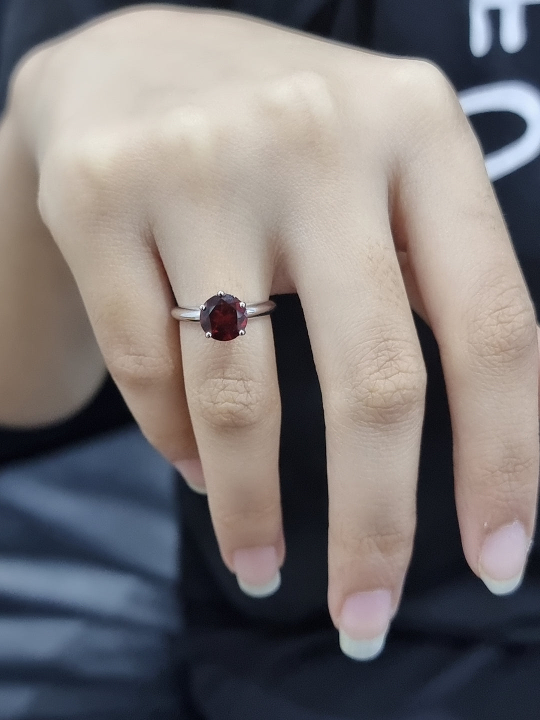 Solitaire Garnet Ring In 18k White Gold.