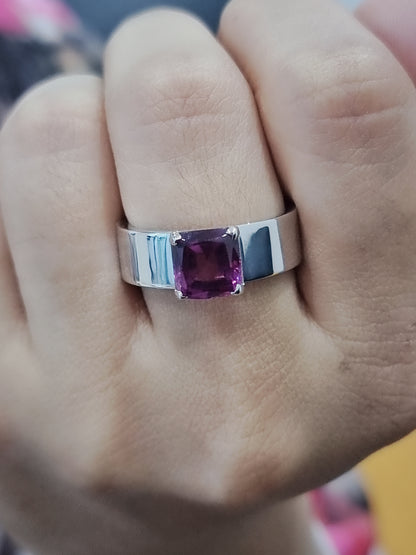 Solitaire Rhodolite Ring For Men In 18k White Gold