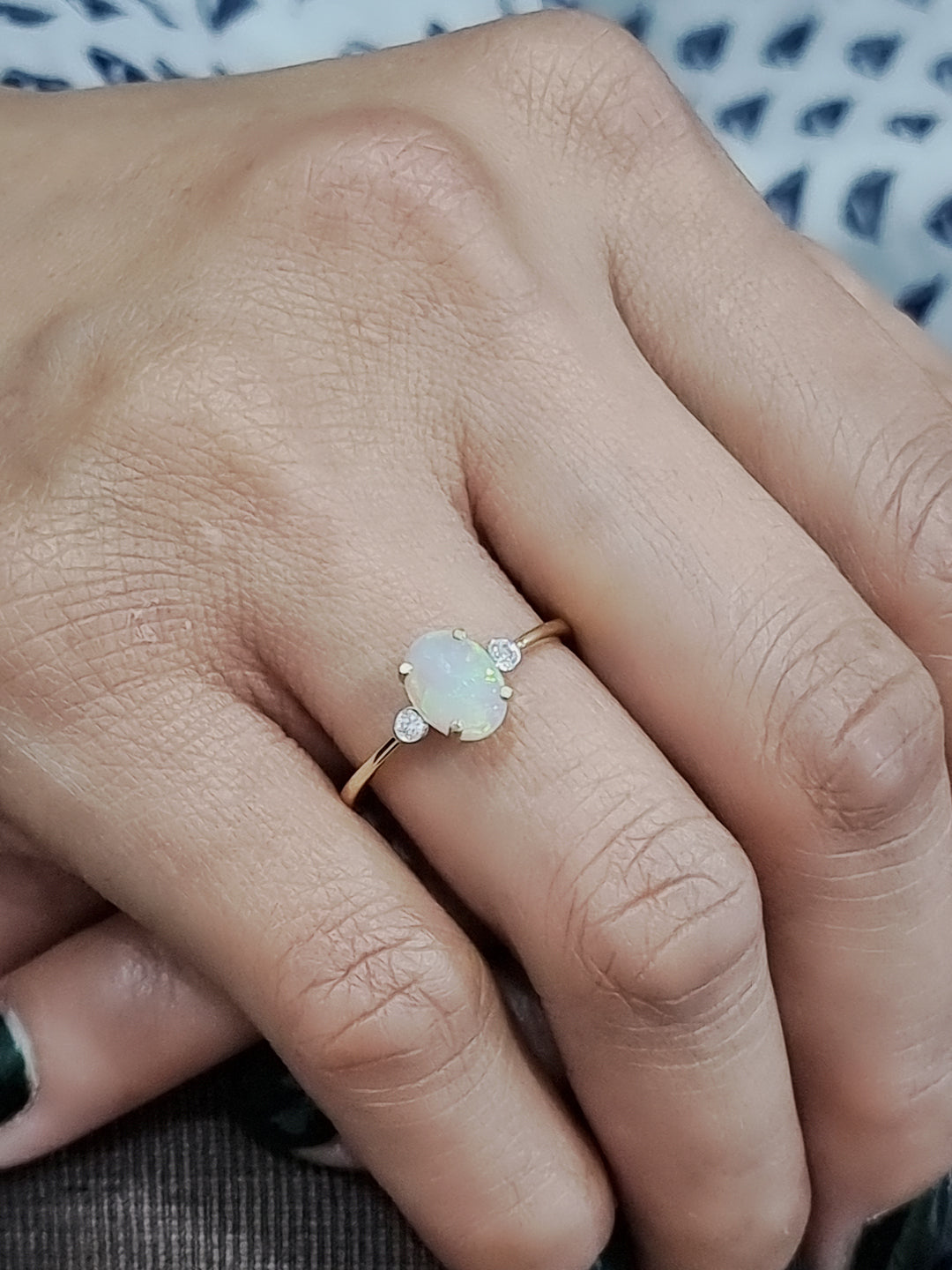 Dainty Opal And Diamond Ring In 18k Yellow Gold