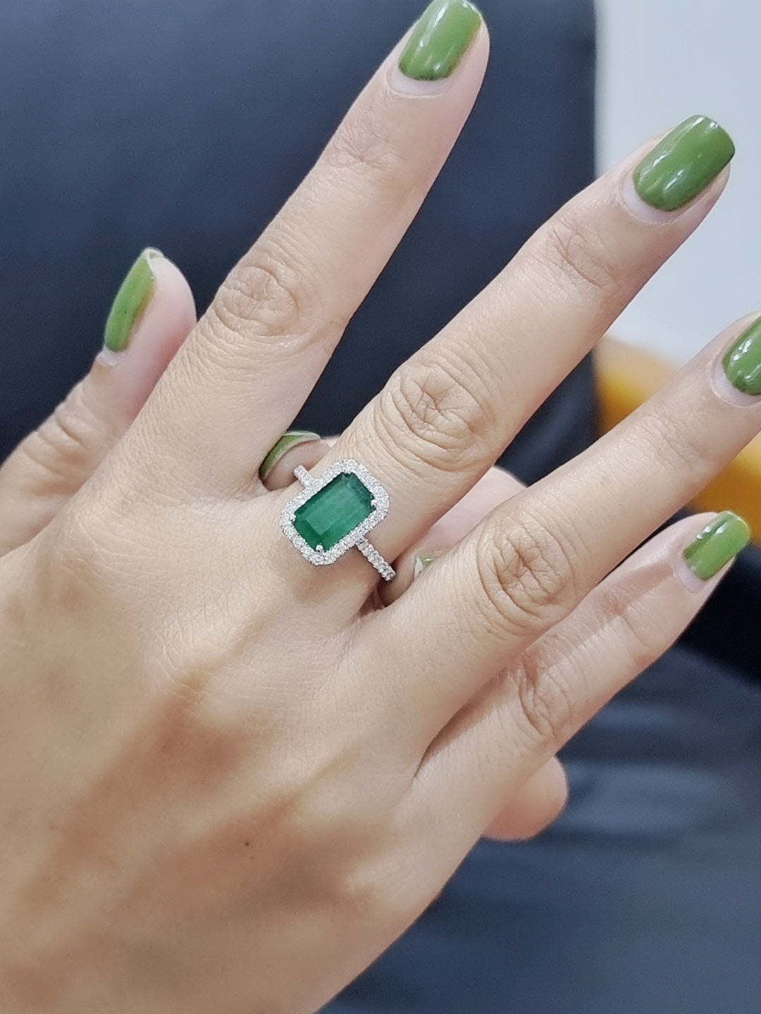 Emerald And Diamond Ring In 18k White Gold.