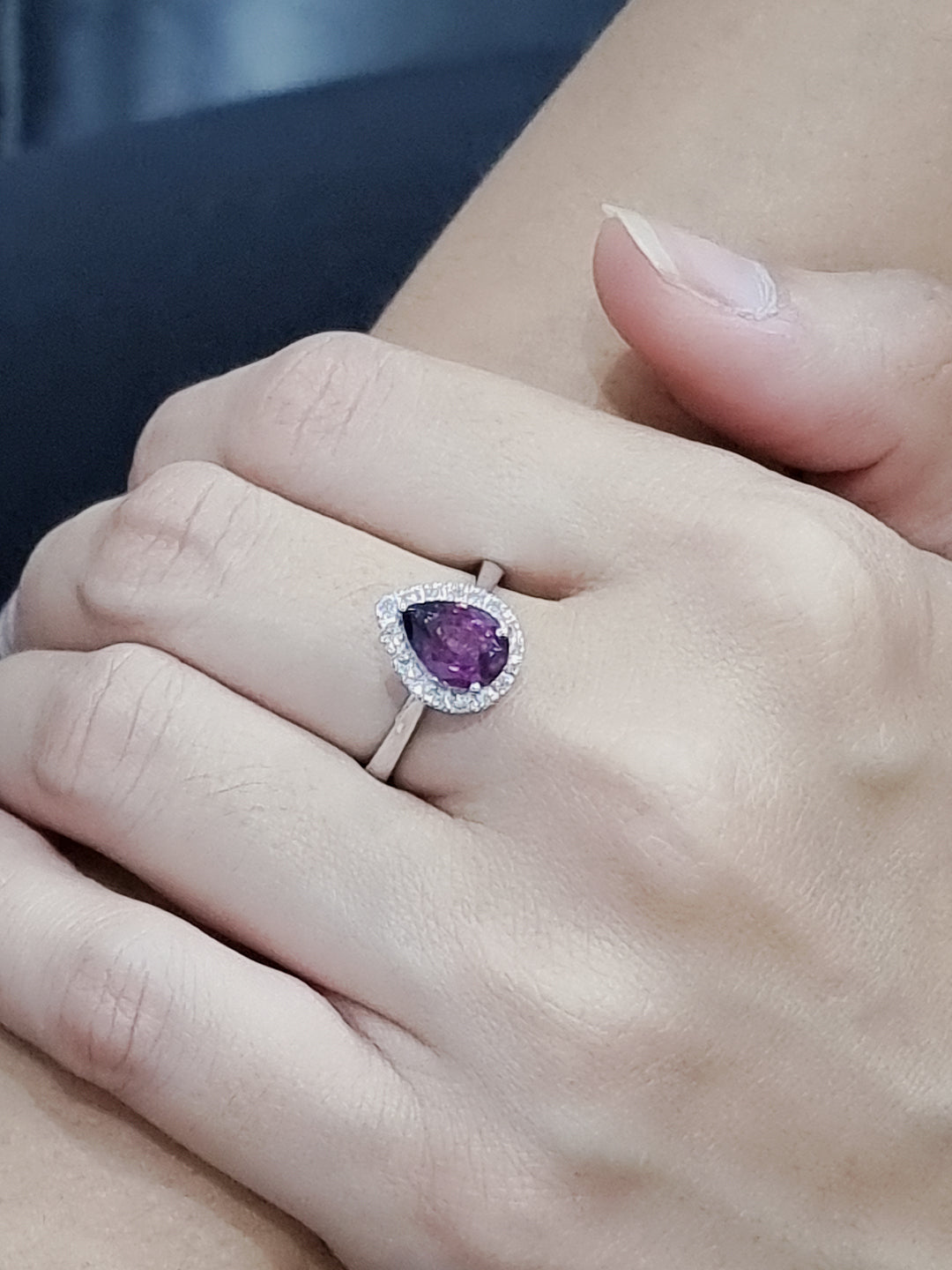 Halo Rhodolite And Diamond Ring In 18k White Gold.