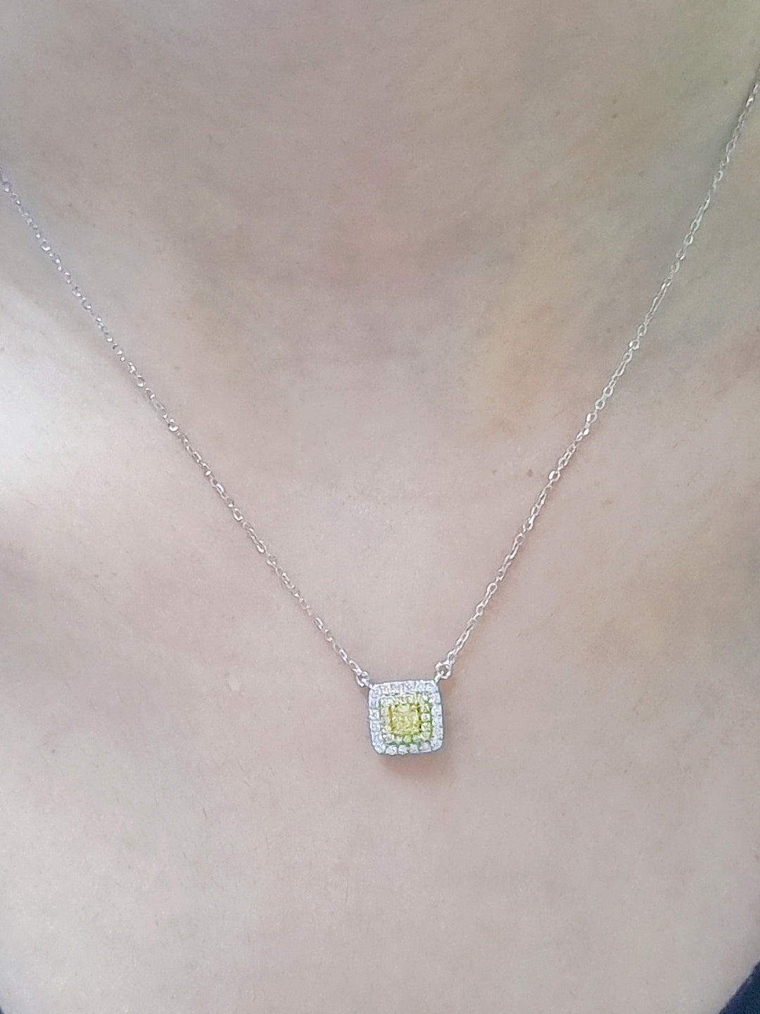 Fancy Yellow Diamond And White Diamond Pendant In 18k White Gold With Chain.