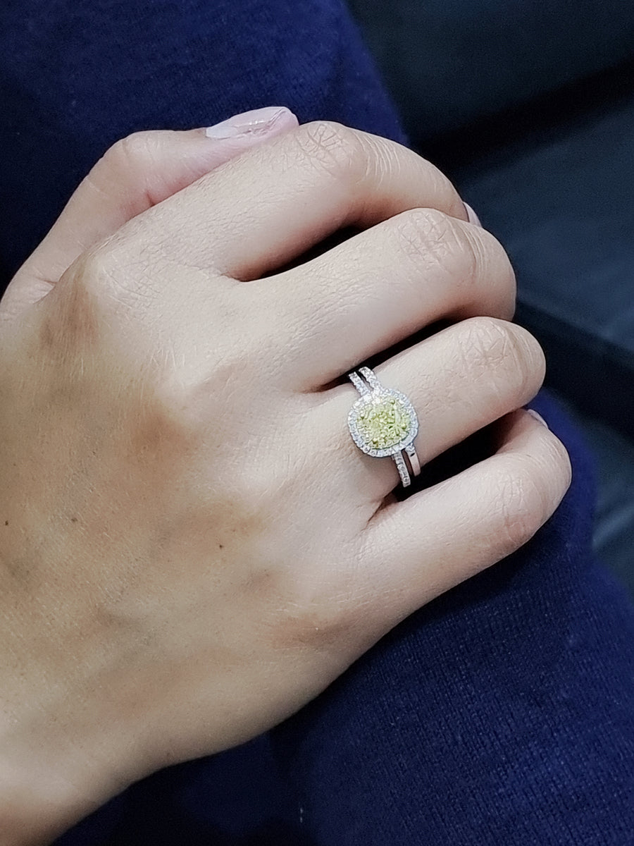 Solitaire Fancy Yellow Diamond Engagement Ring And Wedding Band In 18k White Gold.