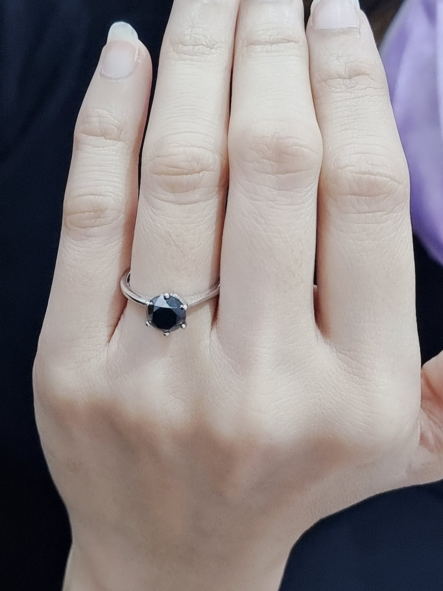 Solitaire Black Diamond Ring In 18k White Gold.