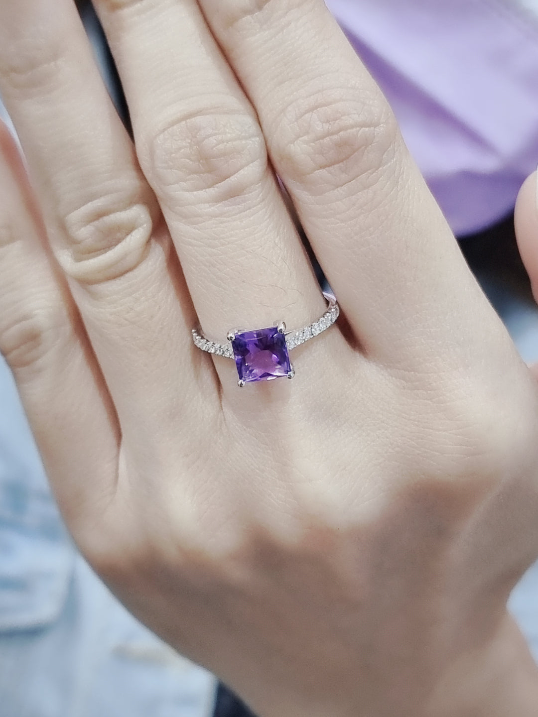 Amethyst And Diamond Ring In 18k White Gold.