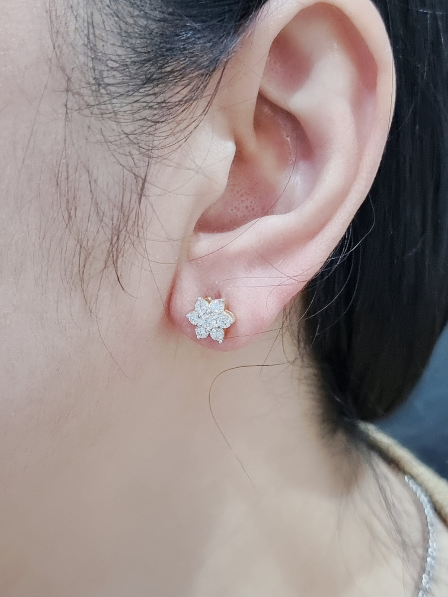 Floral Cluster Diamond Stud Earrings In 18k Yellow Gold.