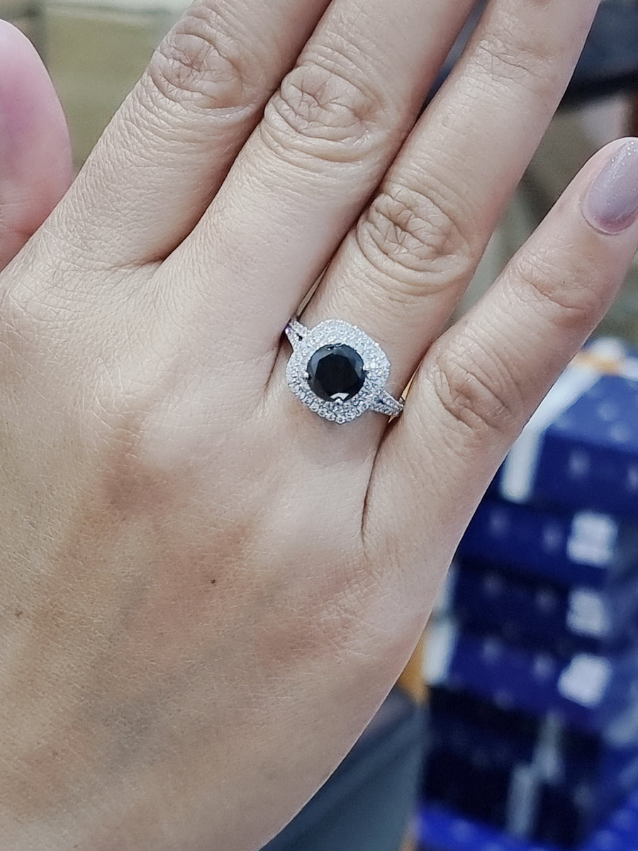 Black Diamond Double Halo Ring In 18k White Gold.