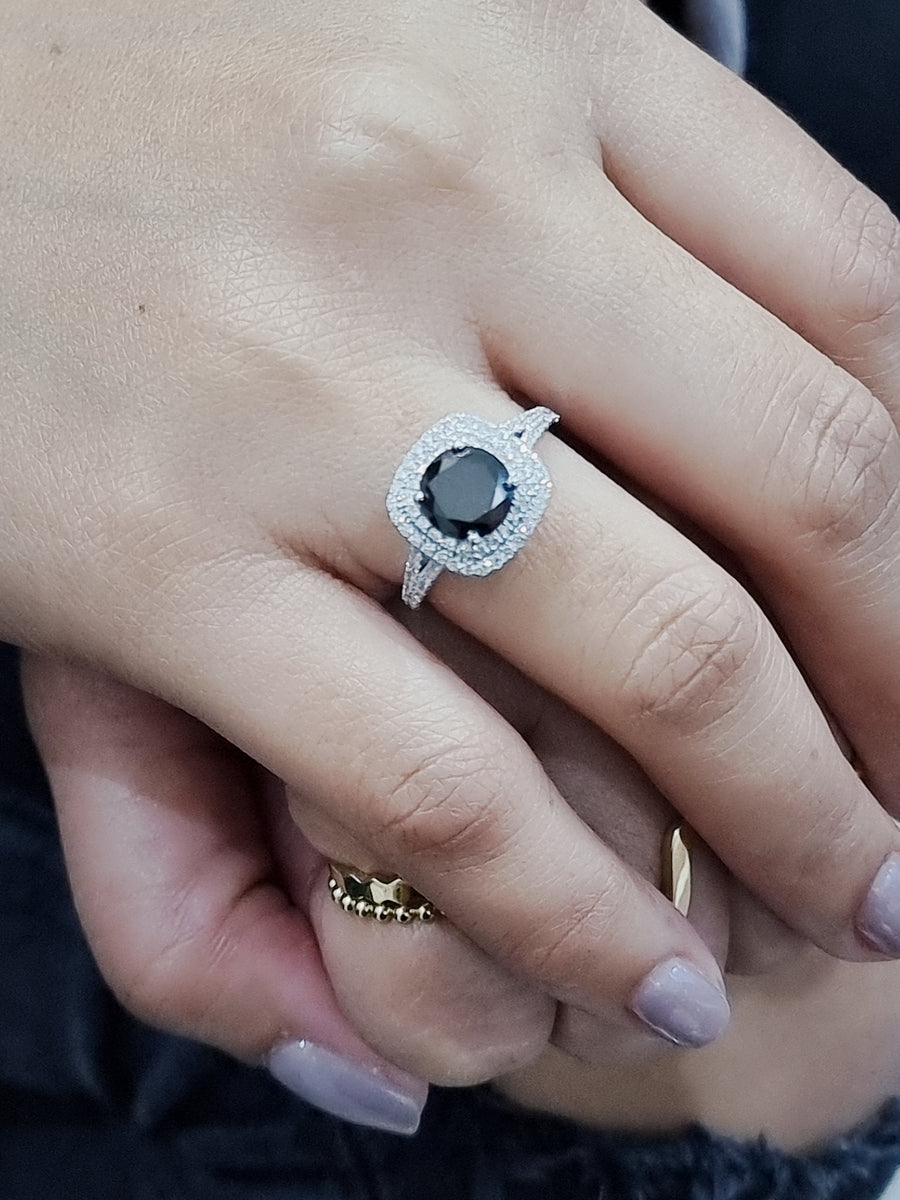 Black Diamond Double Halo Ring In 18k White Gold.