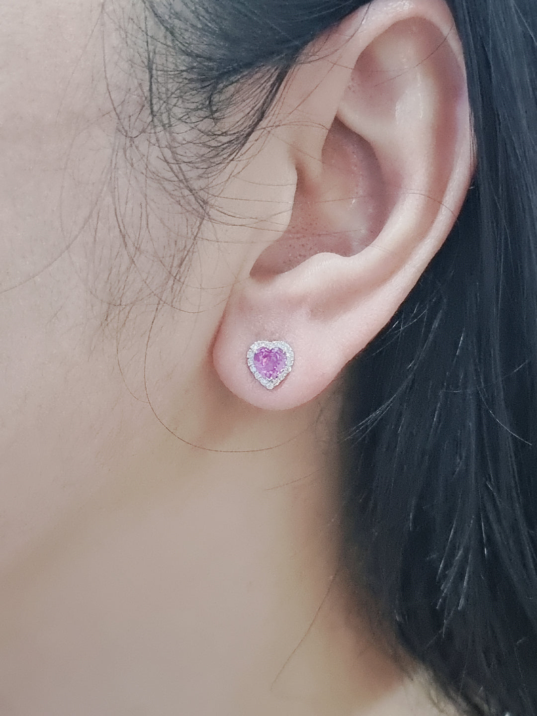Heart Shape Pink Sapphire With Diamond Halo Stud Earrings In 18k White Gold.