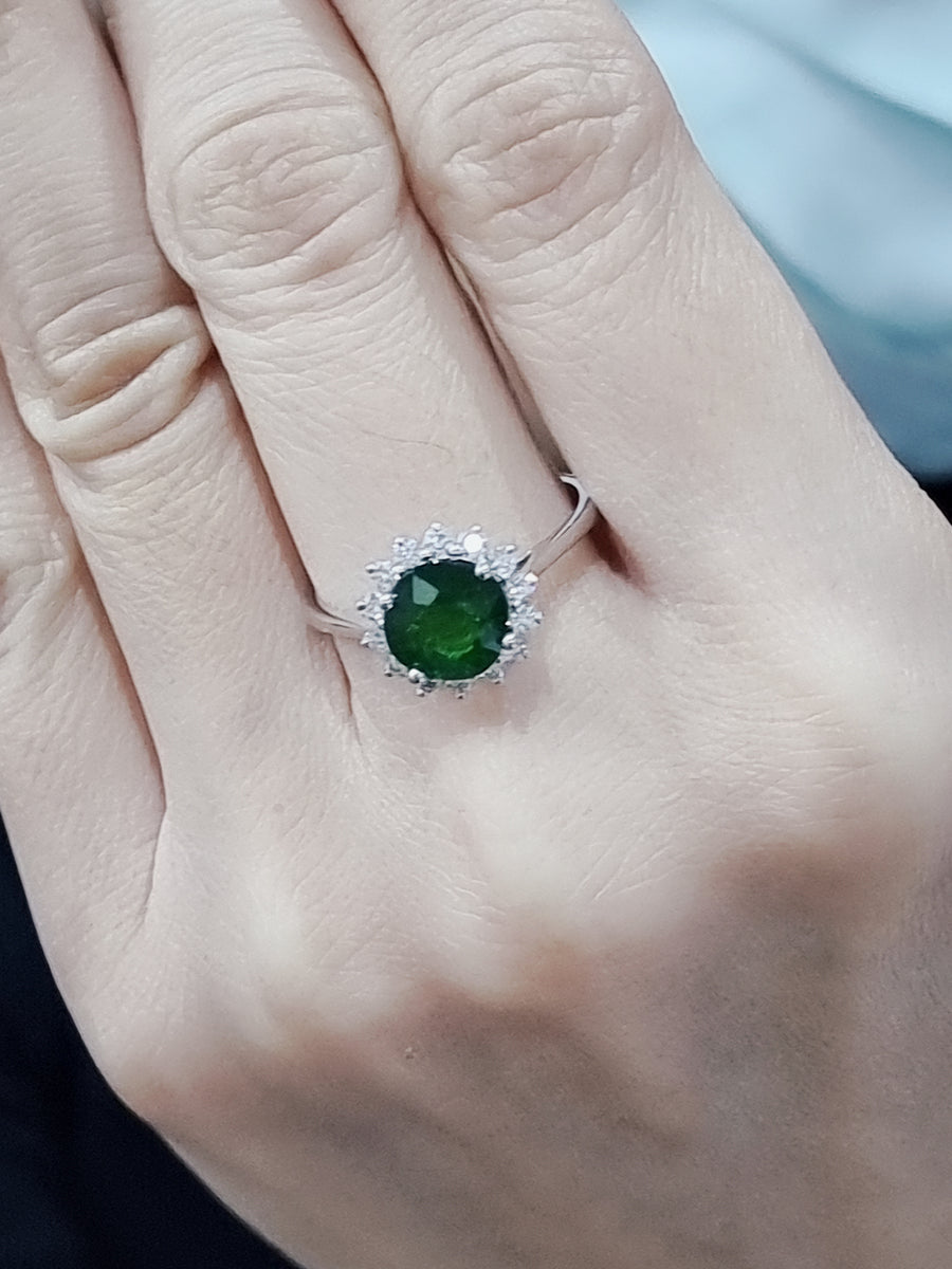 Tsavorite, Green Garnet Halo Ring In 18k White Gold.