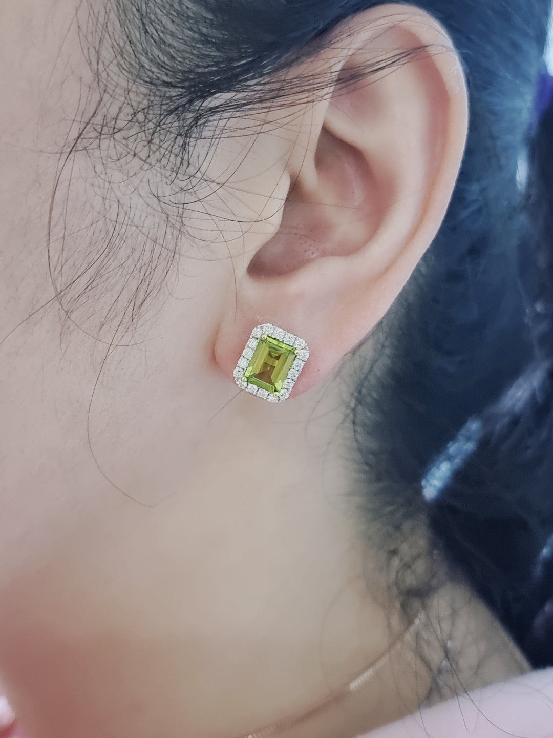 Halo Peridot And Diamond Earring In 18k Yellow Gold.