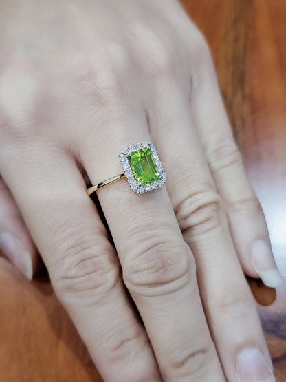 Peridot And Diamond Halo Ring In 18k Yellow Gold.